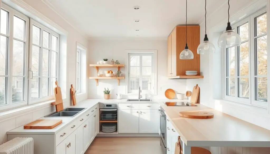 A bright, airy kitchen with light-colored cabinetry, clean white countertops, and large windows that flood the space with natural light. Warm wooden accents, such as open shelving or a butcher block island, add texture and depth. Soft, diffused lighting from overhead fixtures creates a cozy, inviting atmosphere. The layout is compact yet efficient, with a minimalist design that emphasizes the open, spacious feel. The scene captures the essence of a small, modern kitchen where light colors and natural elements create a serene, welcoming environment.