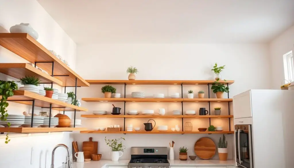 A bright, airy kitchen with natural wooden open shelves lining the walls, showcasing a curated collection of dishware, plants, and decorative items. The shelves are illuminated by soft, diffused lighting from above, creating a warm and inviting atmosphere. The kitchen has a clean, minimalist aesthetic, with white cabinets and countertops complementing the wooden accents. The scene is captured from a slightly elevated angle, providing a visually pleasing and immersive view of the open shelving and the overall kitchen space.