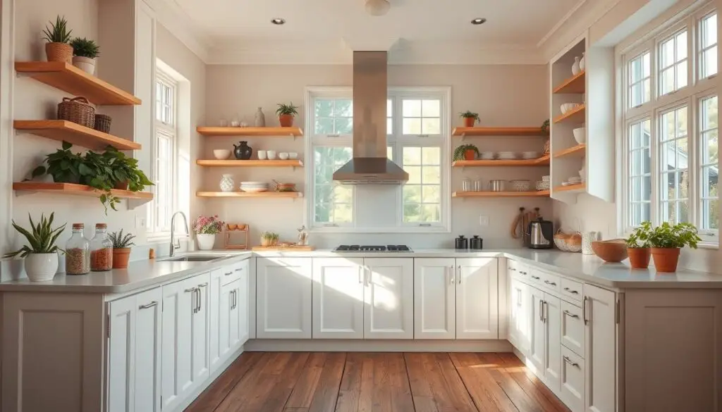 A bright and airy kitchen interior with crisp white cabinets and open shelving. The cabinets have been refreshed with a coat of paint, revealing clean lines and a minimalist aesthetic. The shelves are adorned with potted greenery, glass jars, and ceramic dishware, creating a warm and inviting ambiance. Warm, natural lighting filters in through large windows, casting a soft glow throughout the space. The floor is a weathered hardwood, adding a rustic charm. The overall mood is one of simplicity, functionality, and a touch of elegance - a kitchen that has been updated on a budget, yet still feels fresh and inviting.