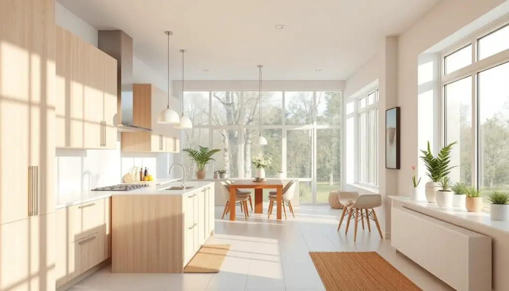 A bright and airy kitchen with large windows, allowing ample natural light to flood the space. Sleek, minimalist cabinetry in a light wood tone reflects the sunlight, creating an illusion of spaciousness. Strategically placed task lighting, such as pendant lamps over the countertop, enhances the overall illumination. The kitchen layout is open, with a seamless transition to an adjacent dining area, further amplifying the sense of brightness. Soft, neutral tones in the tiles, backsplash, and textiles create a calming, harmonious atmosphere, while potted plants on the windowsill and a natural fiber rug add warmth and texture.