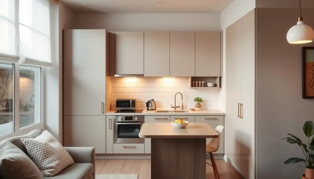 A compact, well-designed kitchen layout featuring sleek, minimalist cabinetry in a soft, muted color palette. The space is bathed in warm, diffused lighting, creating a cozy and inviting atmosphere. The arrangement includes strategically placed appliances and a compact, multi-purpose island that serves as both a prep surface and casual dining area. The overall impression is one of efficient functionality and seamless integration within a small, but thoughtfully planned room.
