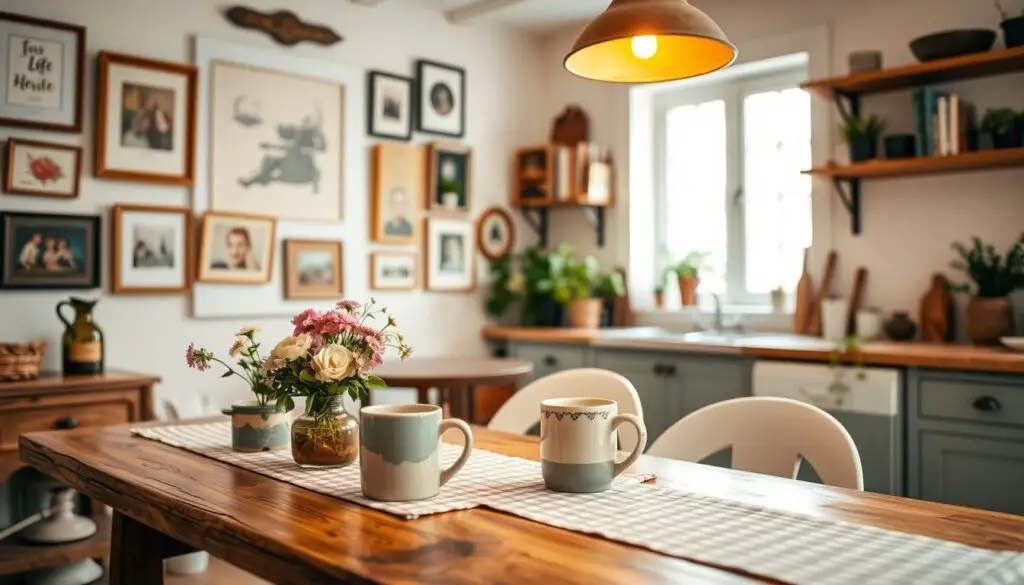 A cozy and charming kitchen showcasing budget-friendly decor. The foreground features a rustic wooden table with simple yet stylish tableware - mismatched ceramic mugs, a vase of fresh flowers, and a checkered linen runner. In the middle ground, the walls are adorned with a gallery wall of eclectic framed art and photographs, adding personality. The background highlights a few open shelves displaying a mix of cookbooks, potted plants, and a few vintage-inspired kitchen accessories. The lighting is a combination of natural daylight streaming through a large window and a warm, ambient pendant fixture overhead, creating a welcoming atmosphere. The overall mood is one of effortless, lived-in charm that reflects the homeowner's personal style on a modest budget.