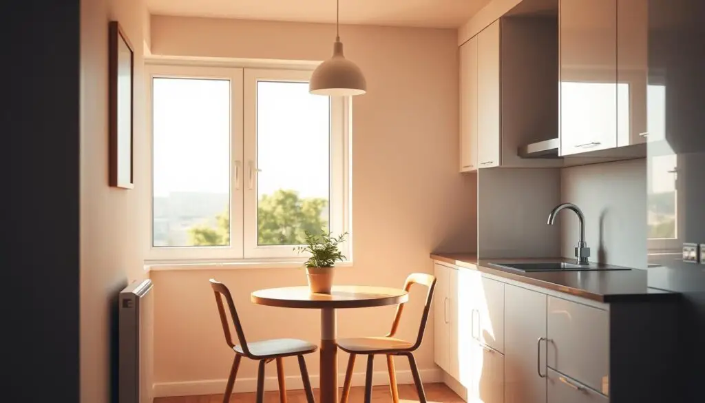 A cozy and compact kitchen nook, flooded with warm, natural lighting from a large window. The foreground features a small, round wooden dining table with two minimalist chairs, a lush potted plant, and a simple, modern pendant light fixture. The middle ground showcases sleek, white cabinetry and a minimalist backsplash, creating a sense of seamless, streamlined design. In the background, a glimpse of a city skyline or verdant outdoor scene, hinting at the inviting atmosphere of this intimate dining space. The overall mood is one of tranquility, comfort, and sophisticated simplicity. A cozy and compact kitchen nook, flooded with warm, natural lighting from a large window. The foreground features a small, round wooden dining table with two minimalist chairs, a lush potted plant, and a simple, modern pendant light fixture. The middle ground showcases sleek, white cabinetry and a minimalist backsplash, creating a sense of seamless, streamlined design. In the background, a glimpse of a city skyline or verdant outdoor scene, hinting at the inviting atmosphere of this intimate dining space. The overall mood is one of tranquility, comfort, and sophisticated simplicity.