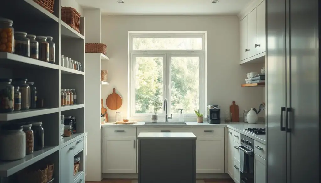 A cozy and efficient small kitchen, bathed in soft natural light filtering through a large window. The foreground features neatly organized shelves and cabinets, with jars, baskets, and containers arranged in a visually pleasing manner. In the middle ground, a compact kitchen island serves as a functional workspace, with a few carefully selected kitchen tools and appliances. The background showcases a minimalist, modern aesthetic, with clean lines and a neutral color palette that creates a sense of serenity. The overall composition emphasizes the effective use of limited space, showcasing clever storage solutions and a harmonious balance between form and function. A cozy and efficient small kitchen, bathed in soft natural light filtering through a large window. The foreground features neatly organized shelves and cabinets, with jars, baskets, and containers arranged in a visually pleasing manner. In the middle ground, a compact kitchen island serves as a functional workspace, with a few carefully selected kitchen tools and appliances. The background showcases a minimalist, modern aesthetic, with clean lines and a neutral color palette that creates a sense of serenity. The overall composition emphasizes the effective use of limited space, showcasing clever storage solutions and a harmonious balance between form and function.