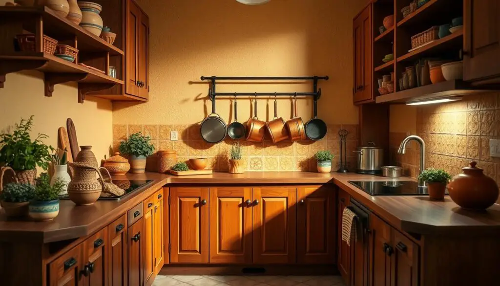 A cozy and inviting small kitchen showcasing a warm, budget-friendly color palette. In the foreground, rich wooden cabinets and shelves with a rustic finish. On the countertops, an array of earthy ceramics, natural-fiber baskets, and potted herbs casting soft shadows. The middle ground features a vintage-inspired tile backsplash in shades of ochre and terracotta, complementing the weathered copper pots hanging from a wrought-iron rack. The background is bathed in gentle, diffused lighting, highlighting the textured walls in a soothing shade of honey. An overall atmosphere of comfort and hominess, perfect for crafting a cozy feel in a compact kitchen space.