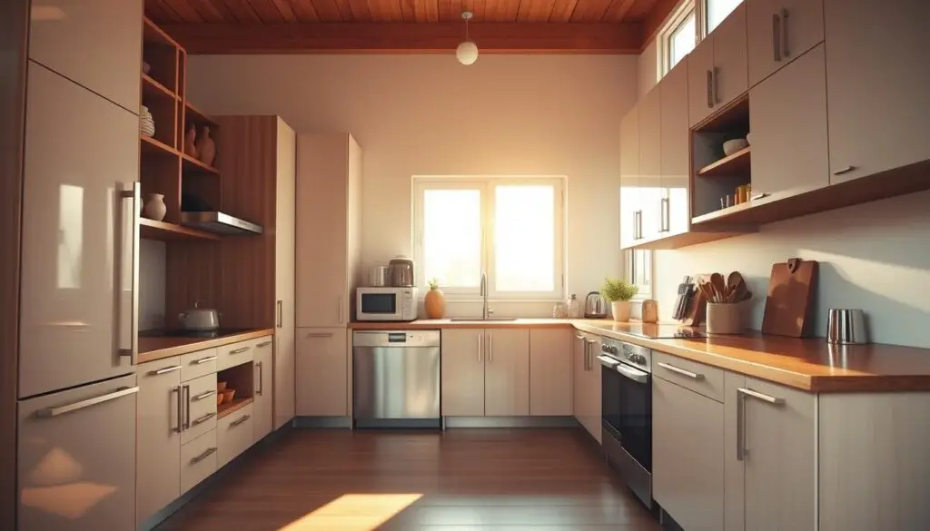 A cozy and well-designed small modular kitchen with clean lines, sleek cabinetry, and ample storage solutions. The room is bathed in warm, natural lighting filtering through large windows, casting a soft, inviting glow. The kitchen features a minimalist design with a neutral color palette, complemented by wood accents and stainless steel appliances. A compact island or peninsula provides additional counter space and seating. The layout is efficient and maximizes the limited square footage, showcasing the versatility and practicality of small modular kitchen ideas. The overall atmosphere is one of functionality, simplicity, and a harmonious blend of modern and traditional elements.