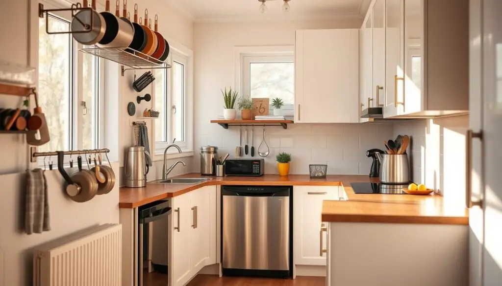 A cozy and well-organized small kitchen, flooded with warm, natural light from large windows. The foreground features a variety of space-saving solutions, such as a wall-mounted rack for pots and pans, a pull-out spice rack, and a compact kitchen island with integrated storage. The middle ground showcases efficient appliances, including a slim dishwasher and a miniature refrigerator. The background depicts a minimalist, yet stylish backsplash and sleek, white cabinetry that maximizes vertical space. The overall atmosphere conveys a sense of functionality, practicality, and a touch of modern elegance.