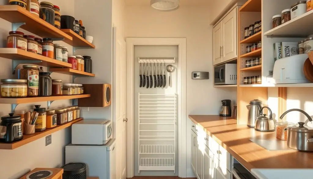 A cozy and well-organized small kitchen with a variety of clever storage solutions. In the foreground, a series of wall-mounted shelves hold jars, spices, and small appliances, creating a functional and visually appealing display. In the middle ground, a pull-out pantry system with adjustable shelves maximizes storage space, while a magnetic knife strip and hanging rack above the counter keep frequently used tools within easy reach. In the background, a compact, built-in cabinet system with pull-out drawers and hidden compartments provides additional storage for pots, pans, and larger items. The kitchen is bathed in warm, natural lighting, creating a welcoming and efficient atmosphere.