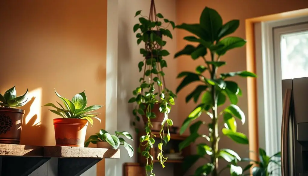 A cozy kitchen corner, bathed in soft, natural light, showcases a carefully curated collection of lush, thriving houseplants. In the foreground, a potted succulent sits atop a rustic wooden shelf, its vibrant green leaves contrasting against the warm-toned walls. In the middle ground, a trailing pothos vine cascades gracefully from a hanging planter, its tendrils adding a touch of organic movement to the scene. In the background, a tall, leafy fiddle-leaf fig tree stands tall, its broad, sculptural foliage commanding attention and bringing a sense of freshness and vitality to the space. The overall atmosphere is one of tranquility and a connection to nature, perfectly complementing the culinary activities that take place in this heart of the home. A cozy kitchen corner, bathed in soft, natural light, showcases a carefully curated collection of lush, thriving houseplants. In the foreground, a potted succulent sits atop a rustic wooden shelf, its vibrant green leaves contrasting against the warm-toned walls. In the middle ground, a trailing pothos vine cascades gracefully from a hanging planter, its tendrils adding a touch of organic movement to the scene. In the background, a tall, leafy fiddle-leaf fig tree stands tall, its broad, sculptural foliage commanding attention and bringing a sense of freshness and vitality to the space. The overall atmosphere is one of tranquility and a connection to nature, perfectly complementing the culinary activities that take place in this heart of the home.