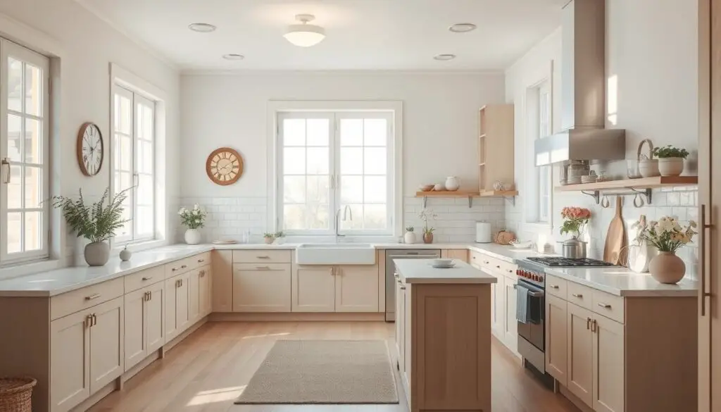 A cozy, light-filled kitchen with soft pastel hues and natural textures. Warm sunlight streams through large windows, casting a gentle glow on the pale wood cabinets, marble countertops, and minimalist decor. Delicate floral accents, a lush potted plant, and a subtle area rug add pops of color and visual interest. The open, airy layout and clean lines create a sense of spaciousness, while the thoughtful use of light colors and natural materials lends an inviting, serene atmosphere. A cozy, light-filled kitchen with soft pastel hues and natural textures. Warm sunlight streams through large windows, casting a gentle glow on the pale wood cabinets, marble countertops, and minimalist decor. Delicate floral accents, a lush potted plant, and a subtle area rug add pops of color and visual interest. The open, airy layout and clean lines create a sense of spaciousness, while the thoughtful use of light colors and natural materials lends an inviting, serene atmosphere.