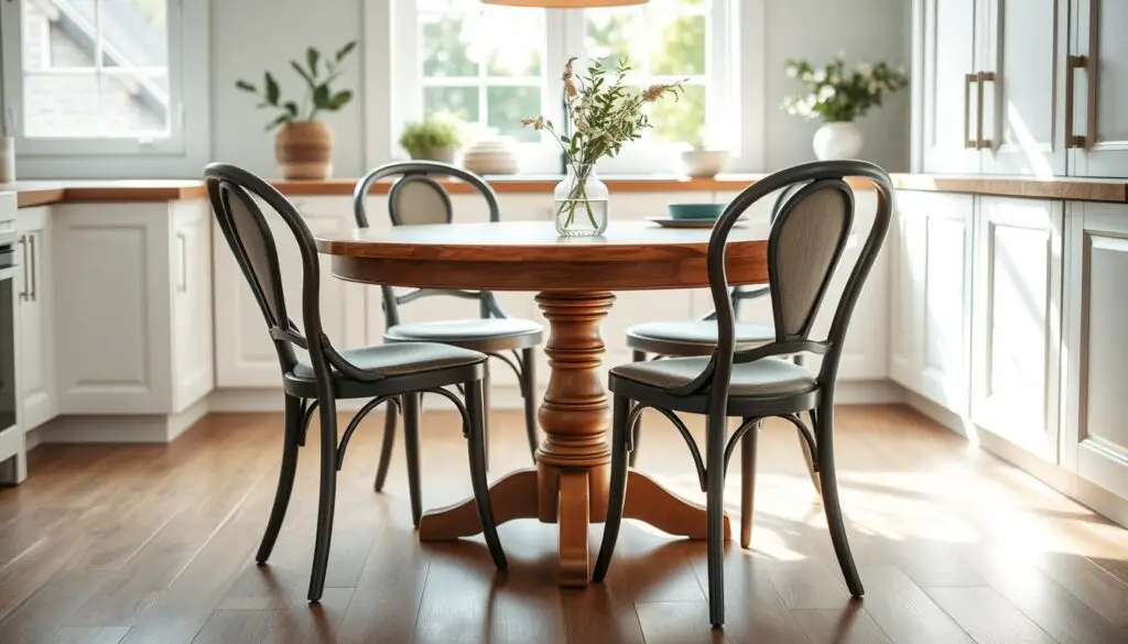 A cozy, round kitchen table with a smooth, wooden top and sturdy, tapered legs stands in a bright, airy kitchen. The table is surrounded by four elegant, curved-back chairs, creating an inviting and intimate seating arrangement. Soft, natural light filters in through large windows, casting a warm glow on the scene. The kitchen's neutral color palette, with touches of greenery, adds to the table's versatility and ability to seamlessly blend into a variety of decor styles. The round shape of the table promotes easy conversation and allows for flexible seating arrangements, making it an ideal choice for small kitchens.