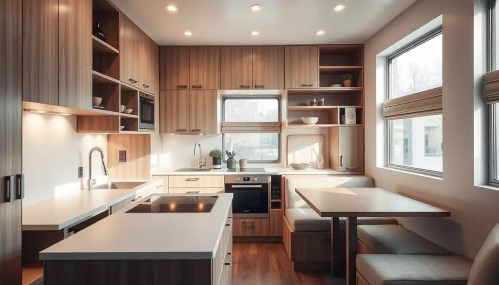A cozy small kitchen filled with sleek multi-functional furniture. In the foreground, a minimalist kitchen island with built-in shelves and drawers, doubling as a dining table. Behind it, a modular wall unit with fold-out desk space, overhead cabinets, and a hidden fold-down table. Soft overhead lighting illuminates the space, creating a warm and inviting atmosphere. The middle ground features a compact yet efficient kitchenette with a space-saving stove, sink, and compact appliances. The background showcases large windows, allowing natural light to flood the room and create a sense of openness despite the limited square footage. The overall design seamlessly integrates functionality and aesthetics, making the most of every inch in this small kitchen. A cozy small kitchen filled with sleek multi-functional furniture. In the foreground, a minimalist kitchen island with built-in shelves and drawers, doubling as a dining table. Behind it, a modular wall unit with fold-out desk space, overhead cabinets, and a hidden fold-down table. Soft overhead lighting illuminates the space, creating a warm and inviting atmosphere. The middle ground features a compact yet efficient kitchenette with a space-saving stove, sink, and compact appliances. The background showcases large windows, allowing natural light to flood the room and create a sense of openness despite the limited square footage. The overall design seamlessly integrates functionality and aesthetics, making the most of every inch in this small kitchen.