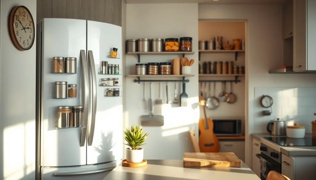 A cozy small kitchen with sleek magnetic organizers neatly arranged on the fridge and walls, showcasing an array of metal containers, spice jars, and utensils. The room is bathed in warm, natural lighting, casting a soft glow on the minimalist gray and white color scheme. In the foreground, a compact kitchen counter displays a few decorative elements like a potted plant and a stylish cutting board. The background features subtle hints of kitchen appliances and cabinets, creating a sense of depth and functionality. The overall atmosphere exudes a sense of organization, efficiency, and a thoughtful approach to maximizing limited kitchen space.
