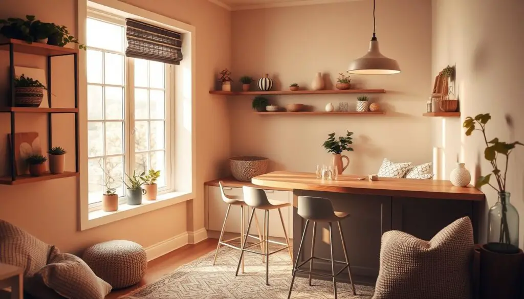 A cozy, well-lit eating nook with a charming breakfast bar. The nook is situated in a corner, flooded with warm, natural light from a large window. The breakfast bar features a sleek, wooden countertop and minimalist stools, creating an inviting space for casual dining. The walls are painted in a soft, muted color, accentuated by shelves displaying decorative plants and artful ceramics. Soft, textured fabrics, such as a plush area rug and cozy throw pillows, add to the overall sense of comfort and coziness. The lighting is a mix of pendant fixtures and task lighting, casting a gentle glow and creating a welcoming ambiance. The entire scene exudes a sense of tranquility and relaxation, perfect for starting the day with a nourishing meal.