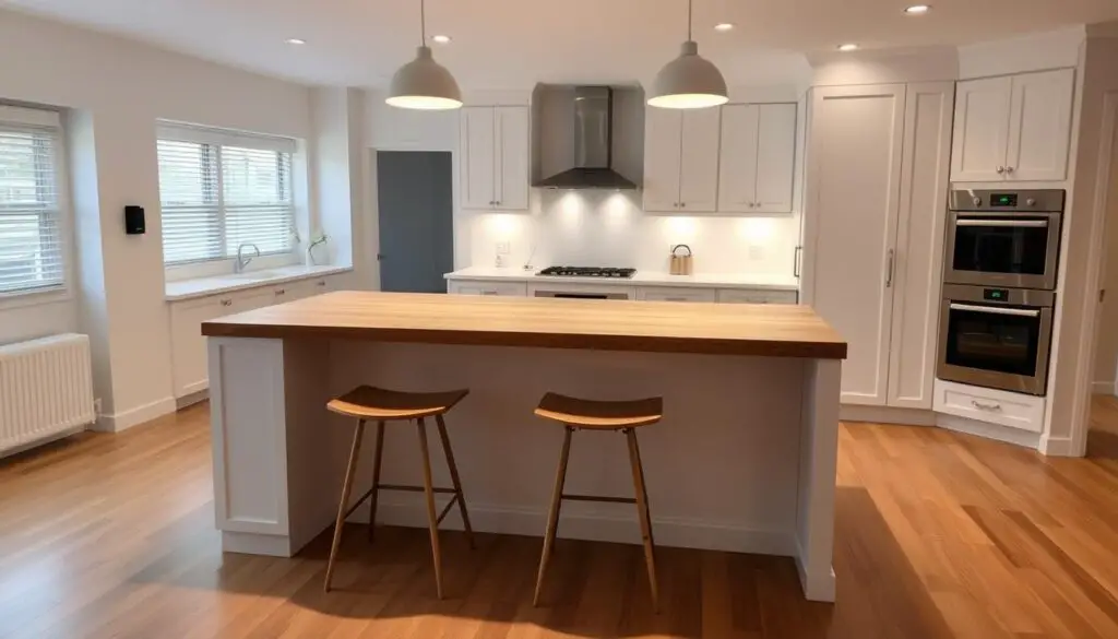 A cozy, well-lit kitchen island with seating for two, featuring a sleek, wooden countertop and simple, modern stools. The island is situated in a minimalist, open-concept kitchen, with clean white cabinetry and hardwood floors. Soft, diffused lighting from overhead fixtures casts a warm glow, creating a welcoming and functional space perfect for casual dining or meal preparation. The scene is captured from a slightly elevated, three-quarter angle, showcasing the island's practical layout and integrated design within the kitchen's overall aesthetic.
