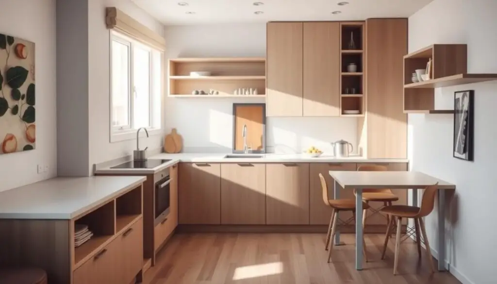 A cozy, well-lit kitchen showcasing a multi-functional, modular furniture set. In the foreground, a sleek, minimalist kitchen island with built-in storage and a compact stovetop. Behind it, a versatile breakfast bar that can double as a work surface. In the middle ground, a foldable, wall-mounted table attached to the side of the island, creating additional dining or prep space as needed. The background features cleverly designed shelving units integrated into the kitchen cabinets, maximizing storage for a small footprint. Soft, natural lighting filters in, creating a warm, inviting atmosphere. The overall design is characterized by clean lines, neutral tones, and a seamless blend of form and function.