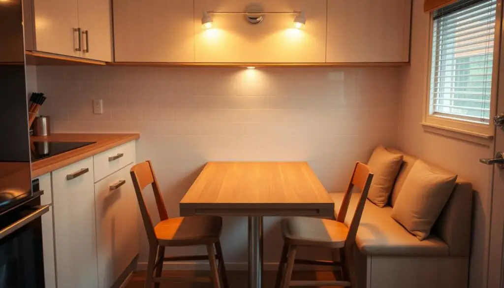A cozy, well-lit kitchen with a built-in bench seating arrangement and a small, minimalist table set. The table is made of natural wood, with clean lines and a simple design. Two matching chairs, upholstered in a neutral fabric, flank the table. The bench seat is built into the wall, with plush cushions in a complementary color. Warm, diffused lighting from overhead fixtures casts a soft glow, creating a welcoming and intimate atmosphere. The kitchen's backsplash and cabinetry provide a neutral backdrop, allowing the table set to be the focal point. The scene conveys a sense of efficiency and space optimization, perfect for a small kitchen.