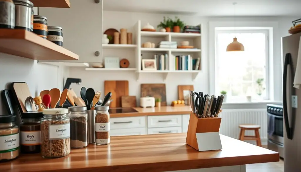 A cozy, well-organized small kitchen with ample storage solutions. The foreground features smartly arranged spice jars, neatly labeled containers, and a sleek, modern knife block on a minimalist wooden countertop. The middle ground showcases a mix of open shelving and discreet cabinetry, maximizing vertical space and showcasing a collection of artfully displayed cookbooks and decorative elements. The background depicts a bright, airy room with natural light filtering in through a large window, illuminating the clean, tidy space and creating a sense of tranquility. The overall scene conveys an efficient, streamlined, and visually appealing kitchen that makes the most of limited square footage. A cozy, well-organized small kitchen with ample storage solutions. The foreground features smartly arranged spice jars, neatly labeled containers, and a sleek, modern knife block on a minimalist wooden countertop. The middle ground showcases a mix of open shelving and discreet cabinetry, maximizing vertical space and showcasing a collection of artfully displayed cookbooks and decorative elements. The background depicts a bright, airy room with natural light filtering in through a large window, illuminating the clean, tidy space and creating a sense of tranquility. The overall scene conveys an efficient, streamlined, and visually appealing kitchen that makes the most of limited square footage.