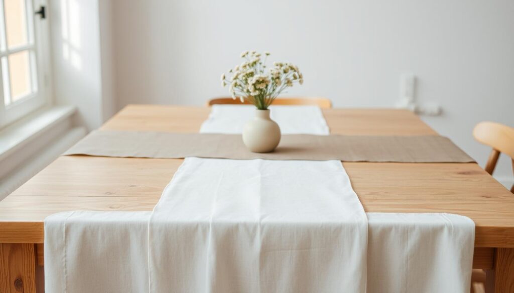 A delicately arranged still life, showcasing a minimalist, Scandinavian-inspired table setting. In the foreground, a crisp, off-white linen tablecloth drapes elegantly over a simple wooden table, its natural grain and knots peeking through. Atop the cloth, a runner of muted, earthy tones creates a sophisticated contrast. Placed at the center, a small cluster of wildflowers in a handcrafted ceramic vase adds a touch of organic beauty, their petals softly illuminated by warm, natural lighting filtering in from a nearby window. The overall scene exudes a sense of understated elegance and calm, perfectly complementing the "Small Kitchen Table Ideas" theme.
