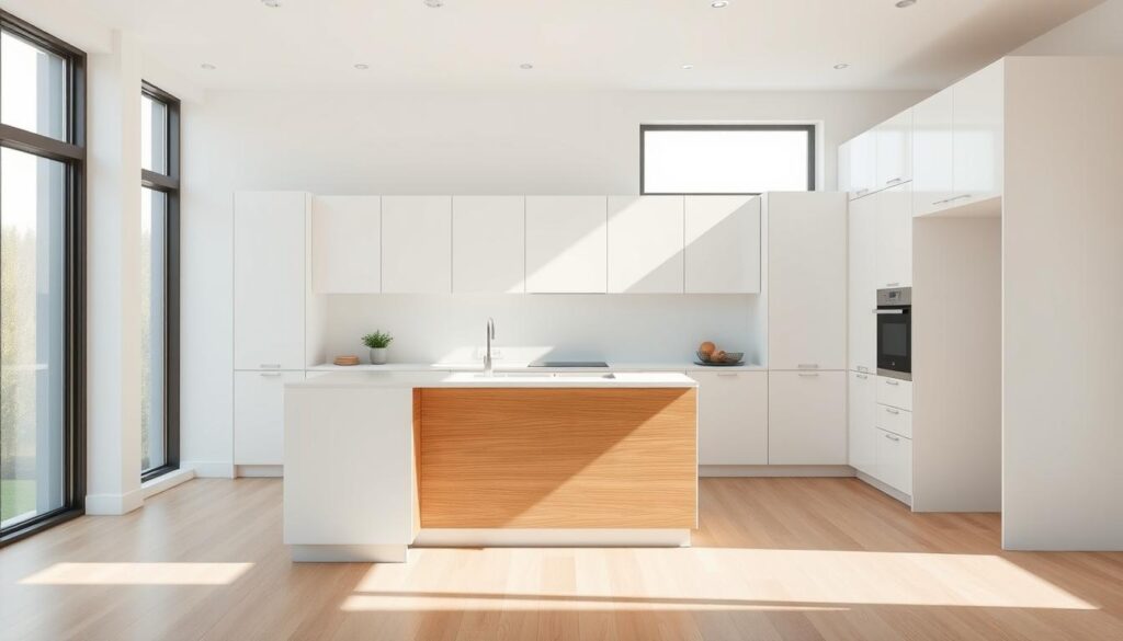 A minimalist and compact kitchen layout with clean lines, natural lighting, and a seamless flow. The foreground features a sleek, built-in kitchen island with a minimalist, white countertop and wooden accents. The middle ground showcases a minimalist, white cabinetry system with hidden handles, creating a cohesive and clutter-free aesthetic. The background features large windows that flood the space with natural light, creating a bright and airy atmosphere. The overall mood is one of simplicity, functionality, and a calming ambiance, perfectly reflecting the "Embrace Minimalism" section of the article.