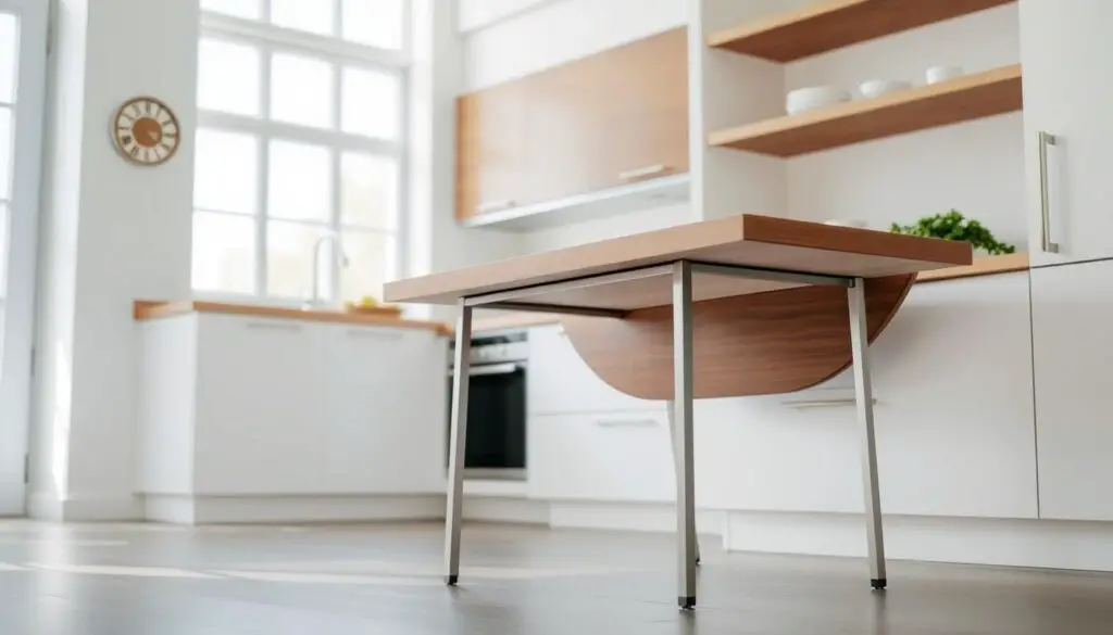 A minimalist drop-leaf table with a sleek wooden top and slim metal legs, standing in a bright, airy kitchen with white walls and natural light streaming in through large windows. The table is positioned against a wall, ready to be pulled out and expanded when needed, showcasing its space-saving design. The scene conveys a sense of modern simplicity and functionality, perfectly suited for the article's focus on maximizing space in small kitchens.