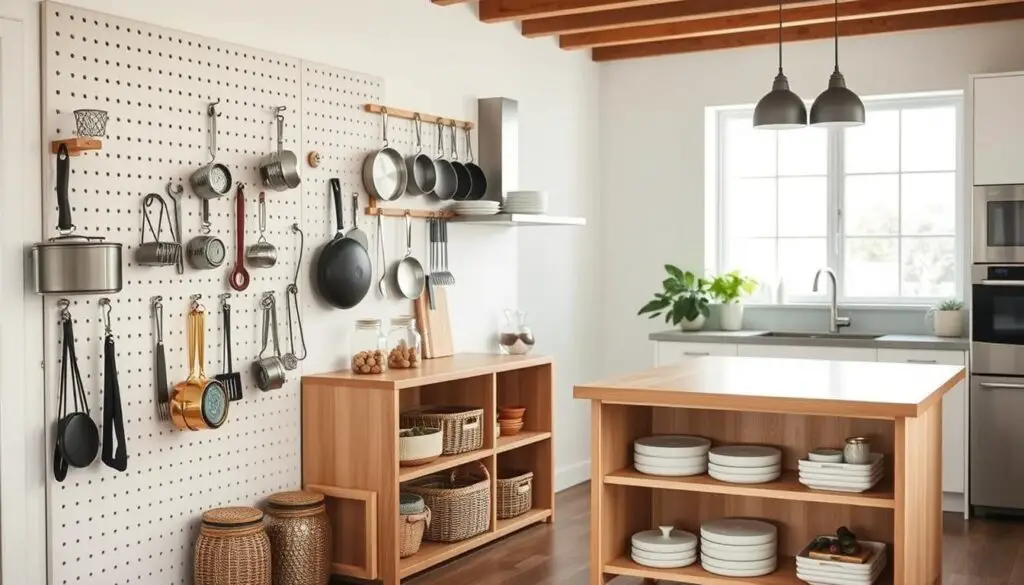 A minimalist kitchen with a focus on budget-friendly storage solutions. In the foreground, a wall-mounted pegboard displays a variety of hooks and organizers, neatly containing pots, pans, and utensils. The middle ground features a sleek, wooden kitchen island with open shelving, showcasing glass jars, baskets, and other space-saving items. The background depicts a bright, airy room with natural lighting streaming in through large windows, creating a warm and inviting atmosphere. The overall impression is one of efficiency, organization, and a thoughtful approach to maximizing limited kitchen space on a modest budget.