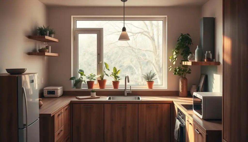 A minimalist kitchen with natural materials and warm lighting. A large window fills the space with soft, diffused sunlight, casting a cozy glow on the wooden cabinets and countertop. Potted plants on the windowsill and a simple pendant light create a serene, nature-inspired ambiance. The layout is compact yet efficient, with thoughtfully placed storage solutions and energy-efficient appliances. Muted color tones and clean lines give the room a calming, sustainable feel. The overall design emphasizes functionality, environmental consciousness, and a harmonious blend of form and function.