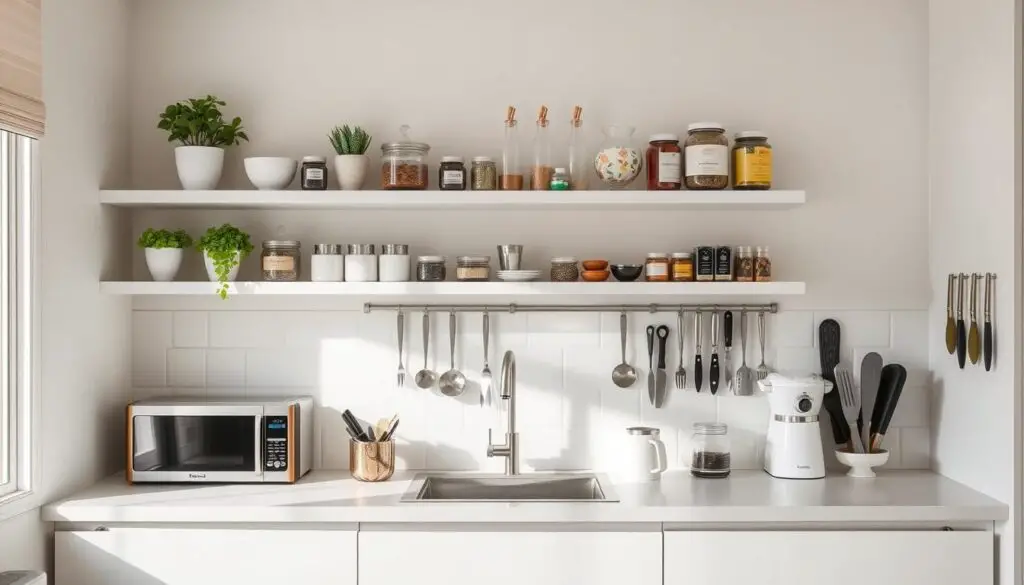 A minimalist kitchen with neatly organized small appliances and gadgets. Bright, natural lighting illuminates the clean, white countertops and open shelving displaying a selection of essential cooking tools. Subtle pops of color from potted herbs and a decorative vase add visual interest. Clever storage solutions, such as a tiered spice rack and magnetic knife strip, maximize the limited space while maintaining a clutter-free aesthetic. The overall atmosphere exudes efficiency, practicality, and a sense of zen-like calm, perfectly capturing the essence of optimizing a small kitchen on a budget.