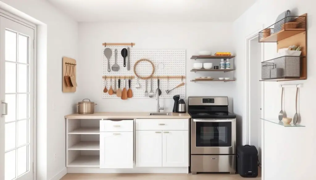 A minimalist, well-organized small kitchen with efficient corner storage solutions. The scene shows a bright, airy kitchen with white walls and clean lines. In the foreground, a corner cabinet with pull-out shelves and a lazy susan maximizes storage space. Hanging pegboard organizers and wall-mounted racks on the side walls hold frequently used items within easy reach. A sleek, stainless steel appliance suite creates a modern, streamlined aesthetic. Soft, diffused natural lighting from large windows illuminates the scene, conveying a sense of openness and functionality. The overall impression is one of a smartly designed, clutter-free kitchen that makes the most of its compact dimensions. A minimalist, well-organized small kitchen with efficient corner storage solutions. The scene shows a bright, airy kitchen with white walls and clean lines. In the foreground, a corner cabinet with pull-out shelves and a lazy susan maximizes storage space. Hanging pegboard organizers and wall-mounted racks on the side walls hold frequently used items within easy reach. A sleek, stainless steel appliance suite creates a modern, streamlined aesthetic. Soft, diffused natural lighting from large windows illuminates the scene, conveying a sense of openness and functionality. The overall impression is one of a smartly designed, clutter-free kitchen that makes the most of its compact dimensions.
