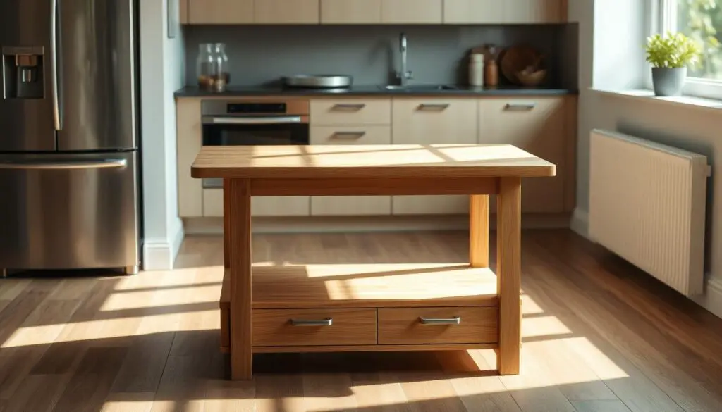 A minimalist wooden table with a spacious storage compartment beneath, its sleek design complementing the modern kitchen setting. Soft natural lighting filters through the room, casting a warm, inviting glow on the table's surface. The storage compartment, accessible via discreet doors, offers ample space for storing kitchen essentials, maximizing the available space. The overall scene conveys a sense of functionality and elegance, perfectly suited for a small kitchen that prioritizes both style and organization.