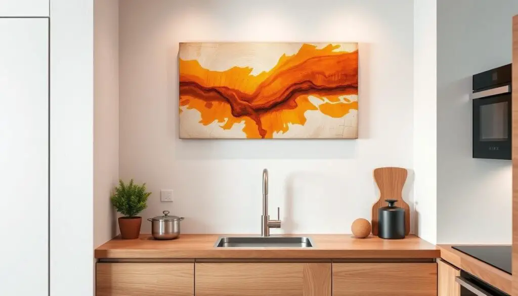 A modern, minimalist kitchen with a focal point of beautiful, hand-crafted wall art. The artwork features a vibrant abstract design in warm, earthy tones that complement the neutral kitchen palette. The lighting is soft and diffused, casting a gentle glow on the textured canvas. The composition is balanced, with the artwork positioned thoughtfully above a sleek, wood-grain kitchen counter. The overall mood is one of sophistication and personal expression, inviting the viewer to appreciate the intersection of functionality and artistic flair in this small, well-designed kitchen space. A modern, minimalist kitchen with a focal point of beautiful, hand-crafted wall art. The artwork features a vibrant abstract design in warm, earthy tones that complement the neutral kitchen palette. The lighting is soft and diffused, casting a gentle glow on the textured canvas. The composition is balanced, with the artwork positioned thoughtfully above a sleek, wood-grain kitchen counter. The overall mood is one of sophistication and personal expression, inviting the viewer to appreciate the intersection of functionality and artistic flair in this small, well-designed kitchen space.