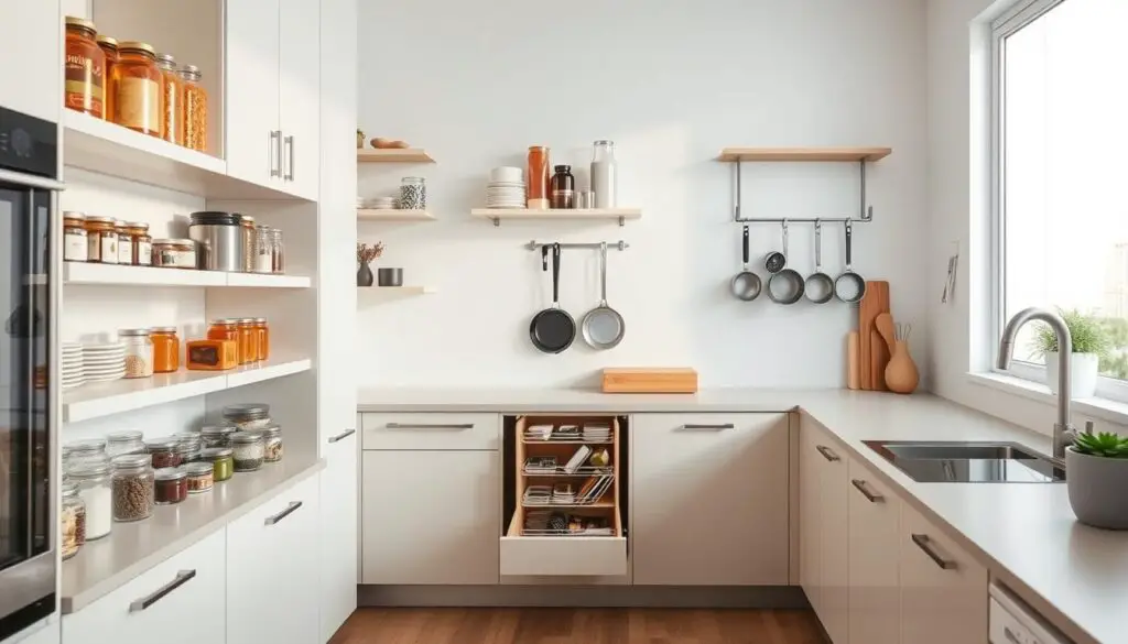 A modern, minimalist kitchen with clever storage solutions showcased in a bright, airy environment. The foreground features sleek, wall-mounted shelves and cabinets maximizing vertical space, filled with jars, spice racks, and neatly organized kitchen essentials. In the middle ground, a pull-out pantry drawer and a hanging pot rack demonstrate efficient use of underutilized areas. The background depicts a large window letting in natural light, complemented by a minimalist backsplash and clean-lined countertops. The overall mood is one of organization, functionality, and a sense of spaciousness in a small kitchen setting.