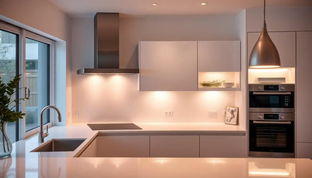 A modern, minimalist kitchen with sleek, integrated smart lighting fixtures. Diffused, warm-toned illumination casts a cozy glow over the clean, white countertops and cabinets. Subtle accent lights highlight key areas like the backsplash and under-cabinet shelves, creating a harmonious, cohesive lighting design. The scene is captured from a slightly elevated angle, showcasing the seamless integration of technology and interior design. An atmosphere of efficiency, functionality, and ambiance pervades the space.
