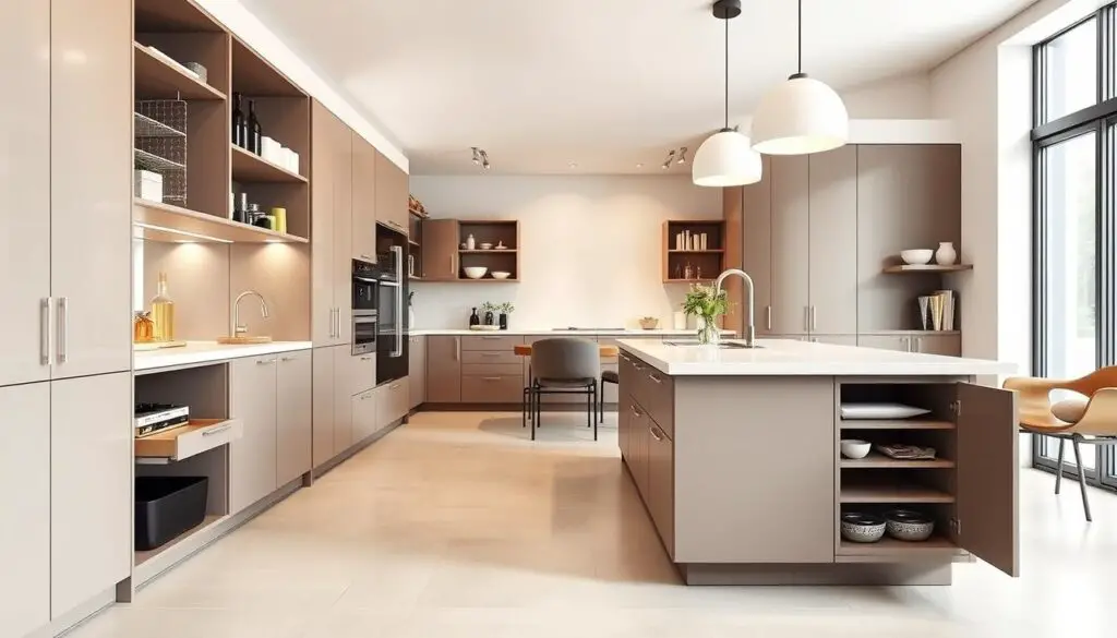 A modern, well-lit kitchen with clean lines and a minimalist aesthetic. The foreground showcases a variety of innovative storage solutions, including hidden pull-out pantries, adjustable shelving systems, and integrated appliances that maximize every inch of available space. The middle ground features a sleek, modular kitchen island with built-in storage compartments and a smooth, quartz countertop. In the background, the kitchen opens up to a bright, airy living area, creating a seamless flow between the two spaces. The overall scene conveys a sense of efficiency, organization, and a thoughtful, space-saving design approach, perfectly suited for a small, modular kitchen.