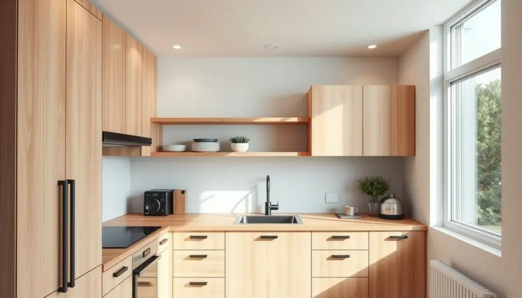 A modular kitchen with sleek, minimalist components in a warm, natural palette. Wooden cabinets, open shelving, and a butcher block countertop take center stage, accented by matte black hardware. Soft, diffused lighting from recessed fixtures creates a cozy, inviting atmosphere. In the background, simple tile backsplash and a large window let in ample natural light, making the compact space feel airy and bright. The overall aesthetic is budget-friendly yet stylish, showcasing how thoughtful design can transform a small kitchen on a limited budget.