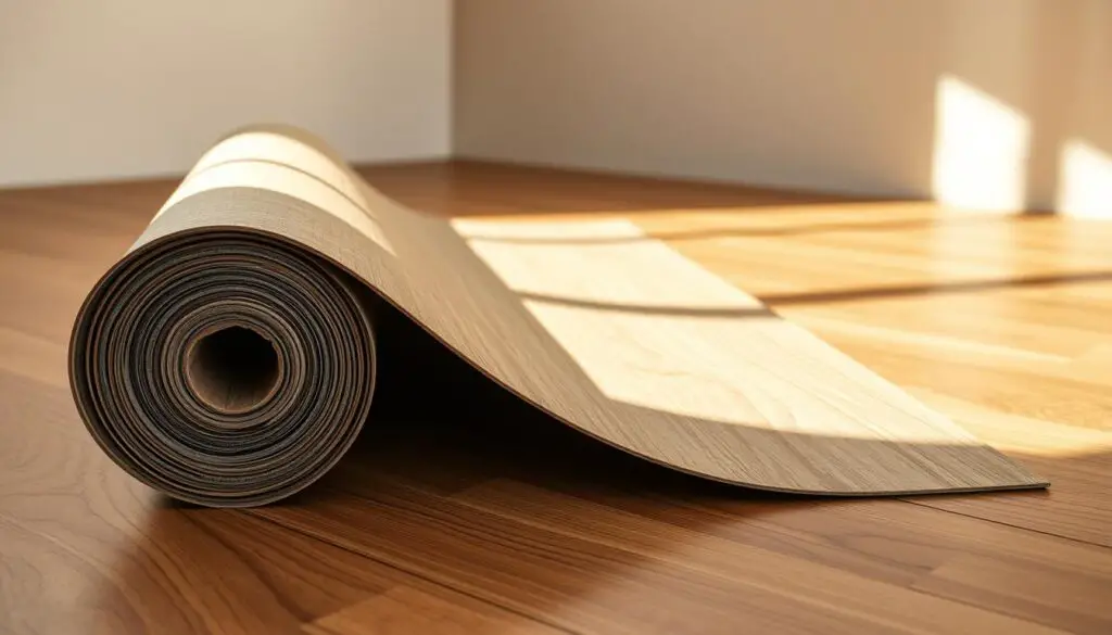A neatly arranged roll of budget-friendly vinyl flooring in a warm, well-lit room. The flooring material appears durable, with a convincingly realistic wood-like texture and pattern. The lighting casts gentle shadows, highlighting the subtle contours and providing a sense of depth. The background is a neutral, minimalist space, allowing the flooring to be the focal point. The overall composition conveys a sense of practicality, quality, and affordability, aligning with the "Utilize Affordable Materials" section of the kitchen article.