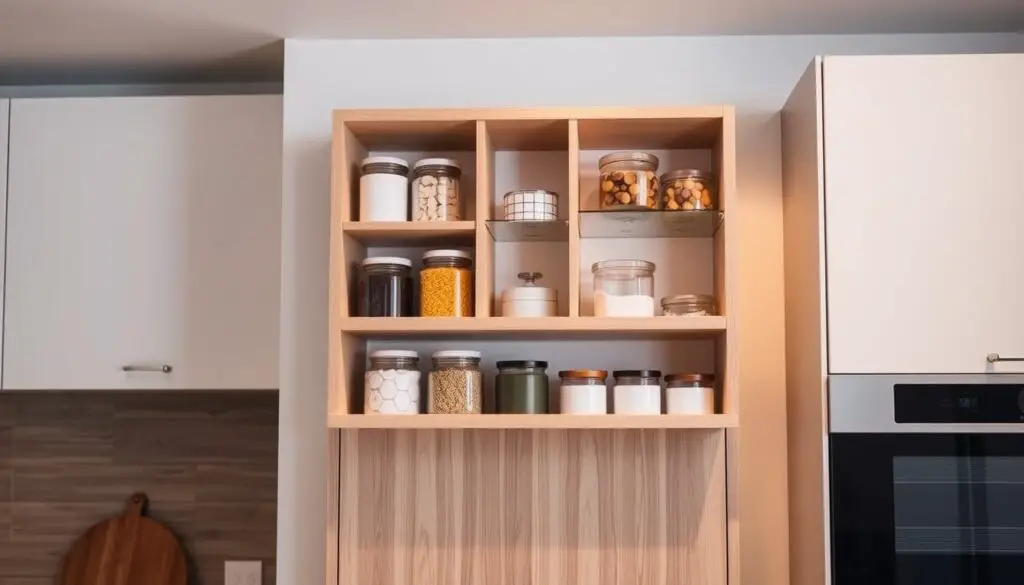 A neatly organized over-the-door storage unit, showcasing various compartments and shelves to hold kitchen essentials. The unit is made of sleek, polished wood with a neutral color palette, seamlessly blending into a minimalist kitchen interior. Soft, warm lighting casts a gentle glow, highlighting the efficient use of vertical space and the carefully curated selection of jars, containers, and other storage solutions. The scene is captured from a slightly elevated angle, providing a comprehensive view of the versatile and practical storage options available above the door frame.