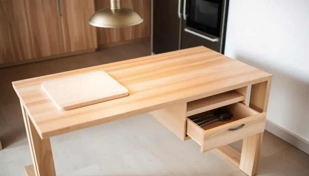 A sleek, minimalist kitchen table with a multifunctional design. The table features a smooth, natural wood surface with a built-in cutting board, nested storage compartments, and a hidden drawer for utensils. The table is illuminated by a modern, pendant light fixture casting a warm, ambient glow. The minimalist design and neutral color palette create a serene, uncluttered atmosphere, perfectly suited for a small kitchen space. Captured from a low angle, the table appears elegant and practical, showcasing its efficient use of limited square footage.