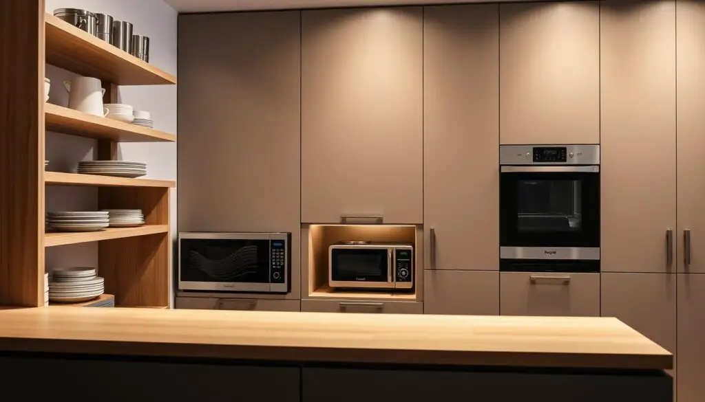 A sleek, modern kitchen with a focus on compact storage solutions. In the foreground, a set of minimalist wooden shelves showcases neatly organized cookware and small appliances. The middle ground features a compact, integrated microwave and a stylish coffee machine tucked away in a recessed alcove. The background reveals a seamless wall of custom cabinetry, with discreet hardware and a muted color palette, creating a harmonious and efficient visual flow. Soft, directional lighting casts a warm glow, highlighting the clean lines and thoughtful design. The overall atmosphere is one of elegance, functionality, and space-saving innovation. A sleek, modern kitchen with a focus on compact storage solutions. In the foreground, a set of minimalist wooden shelves showcases neatly organized cookware and small appliances. The middle ground features a compact, integrated microwave and a stylish coffee machine tucked away in a recessed alcove. The background reveals a seamless wall of custom cabinetry, with discreet hardware and a muted color palette, creating a harmonious and efficient visual flow. Soft, directional lighting casts a warm glow, highlighting the clean lines and thoughtful design. The overall atmosphere is one of elegance, functionality, and space-saving innovation.