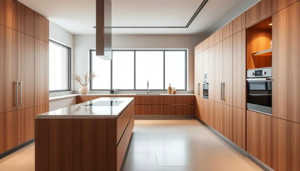 A sleek, modular kitchen design with a focus on luxury features that save space. The foreground showcases a compact island with a smooth, granite countertop and integrated appliances, including a built-in induction cooktop and a discreet, pop-up extractor fan. The middle ground features stylish, floor-to-ceiling cabinetry in a warm, wood-grain finish, with hidden storage and adjustable shelving. In the background, a floor-to-ceiling window floods the space with natural light, creating a bright and airy atmosphere. The kitchen is bathed in a soft, warm lighting scheme, enhancing the premium materials and sophisticated, minimalist aesthetic. The overall design prioritizes functionality and visual appeal, delivering a luxurious yet space-efficient cooking environment.