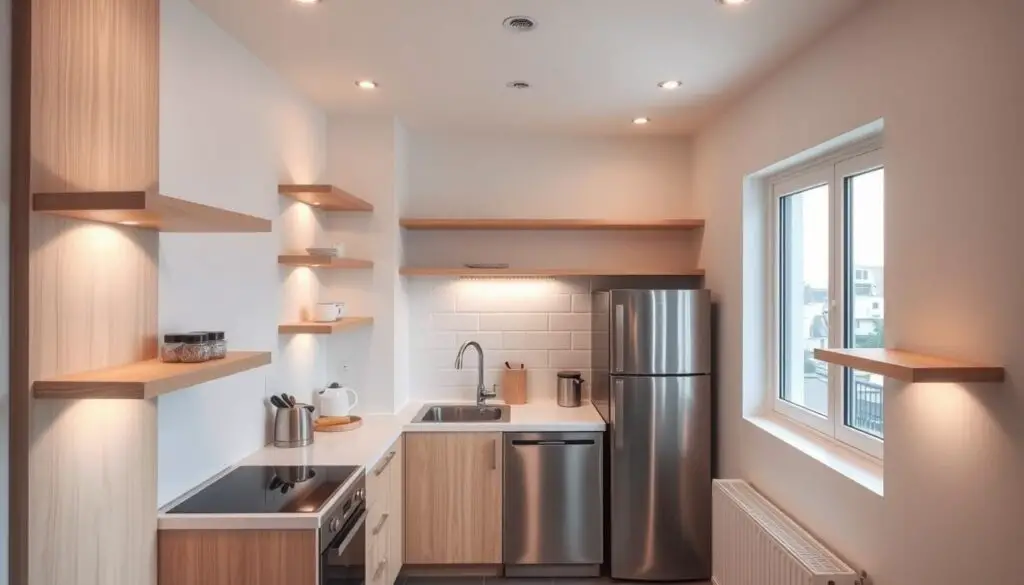 A small, cozy kitchen with a modern, minimalist design. The walls are adorned with sleek, wall-mounted shelves made of light-colored wood, providing ample storage space without cluttering the room. The kitchen features a clean, white backsplash and stainless steel appliances, creating a bright and airy atmosphere. Soft, indirect lighting from recessed ceiling fixtures casts a warm glow, and a large window allows natural light to flood the space. The overall layout is efficient, with a compact countertop and a compact sink, maximizing the available floor space. The room exudes a sense of order and functionality, perfectly suited for a small apartment.