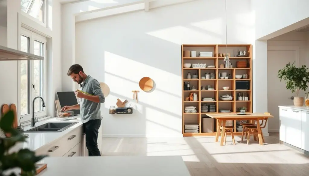A spacious kitchen interior with plenty of natural light streaming in through large windows. In the foreground, a person standing at a kitchen counter, carefully measuring and inspecting various storage containers, utensils, and appliances, evaluating their suitability and organization potential. The middle ground features an open shelving unit against a minimalist white wall, showcasing a variety of kitchen essentials neatly arranged. In the background, a glimpse of a cozy dining area, hinting at the overall functionality and flow of the space. The scene conveys a sense of thoughtful planning and organization, with a serene, contemplative atmosphere. A spacious kitchen interior with plenty of natural light streaming in through large windows. In the foreground, a person standing at a kitchen counter, carefully measuring and inspecting various storage containers, utensils, and appliances, evaluating their suitability and organization potential. The middle ground features an open shelving unit against a minimalist white wall, showcasing a variety of kitchen essentials neatly arranged. In the background, a glimpse of a cozy dining area, hinting at the overall functionality and flow of the space. The scene conveys a sense of thoughtful planning and organization, with a serene, contemplative atmosphere.