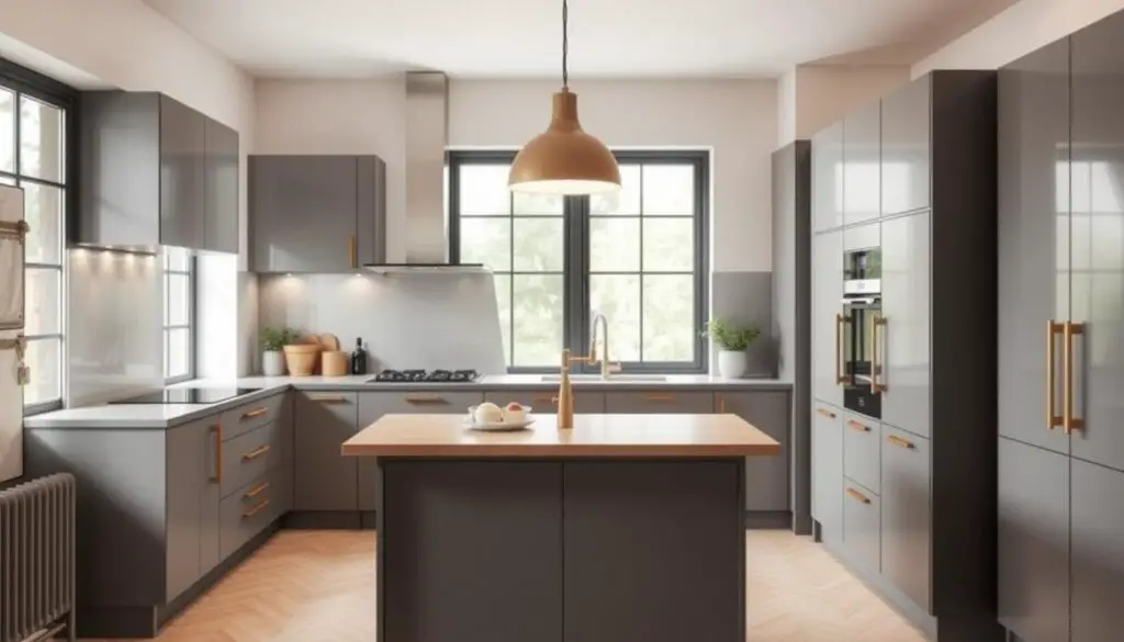 A stylish and compact kitchen, featuring sleek cabinets in a muted gray tone, accented by warm brass hardware. The counter space is maximized with a built-in stovetop and sink, seamlessly integrated for a cohesive, modern look. Overhead, a minimalist pendant light casts a soft, ambient glow, illuminating the space. In the foreground, a versatile island/dining table serves as the focal point, its compact size and multi-functional design perfect for a small-space kitchen. The background showcases large windows, allowing natural light to flood the room and create a bright, airy atmosphere. The overall aesthetic is one of streamlined efficiency and sophisticated style, reflecting the "Opt for Multi-functional Furniture" design approach.