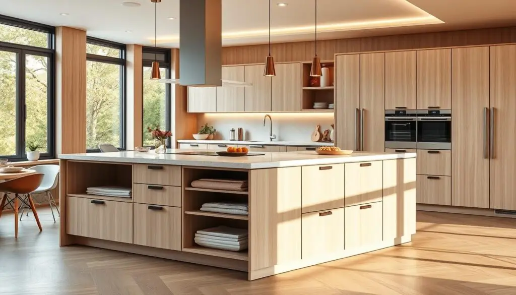 A stylish, modern kitchen interior with an innovative, multi-functional island design. The island features sleek, minimalist cabinetry with hidden storage compartments, pull-out drawers, and built-in shelves to maximize organization and efficiency. The island's countertop is made of a light, natural stone material, complementing the light-colored wood cabinets and accents. Warm, directional lighting from above casts a cozy, inviting glow, while large windows flood the space with natural light. The overall atmosphere is one of clean, contemporary design and thoughtful, space-saving solutions.