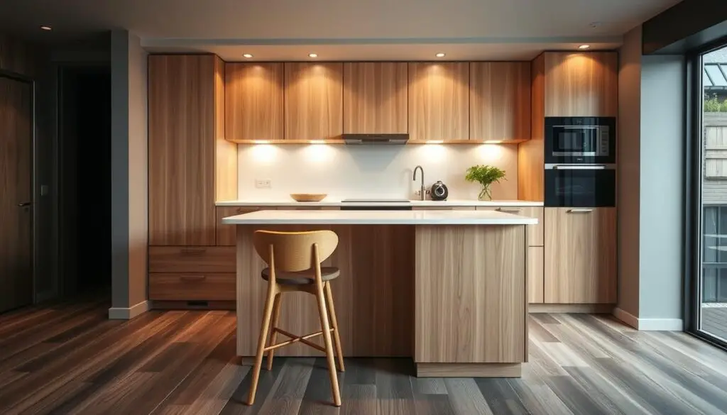 A stylish multi-functional kitchen furniture piece, a sleek, modern island with ample storage space and a built-in dining table. The island is crafted from a light oak wood finish, complemented by a minimalist white countertop. Soft, warm lighting emanates from recessed fixtures, creating a cozy, inviting atmosphere. The design seamlessly blends form and function, with drawers and cabinets optimizing every inch of the compact space. A pair of modern barstools in a matching wood tone provide seating for a casual meal or workspace. The scene is captured in a wide-angle lens, showcasing the efficient, space-saving design of this versatile kitchen furniture solution.