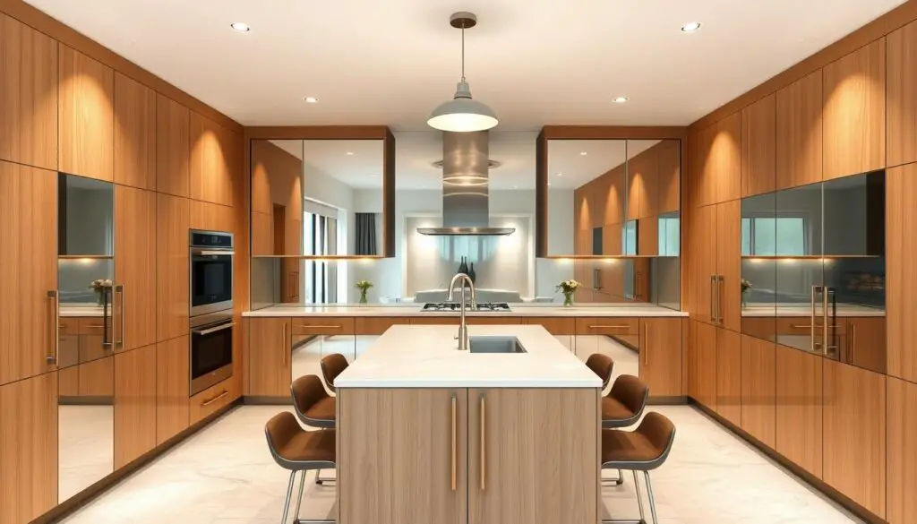 A well-lit, contemporary kitchen interior with strategically placed mirrored surfaces to create an illusion of expanded space. Sleek, handleless cabinets in a warm, natural wood tone line the walls, complemented by a minimalist stainless steel backsplash that reflects the light. A central island with a smooth, quartz countertop anchors the room, surrounded by comfortable barstools. Soft, indirect lighting from recessed ceiling fixtures and a modern, pendant-style light fixture above the island set a sophisticated, calming mood. The mirrored surfaces on the backsplash and cabinet doors visually double the perceived size of the kitchen, lending an airy, open feel.