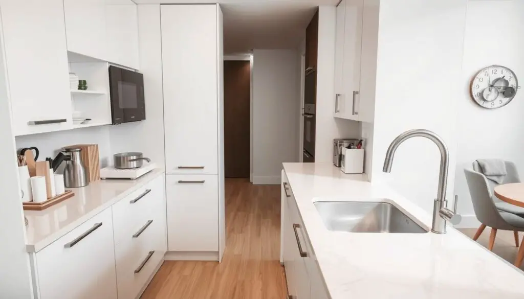 A well-lit, high-angle photograph of a modular kitchen arrangement showcasing essential components - sleek, minimalist white cabinets with brushed steel handles, a seamless quartz countertop, a single basin stainless steel sink, and a modern, high-arc faucet. The foreground features a selection of modular components like pull-out drawers, adjustable shelves, and hidden storage compartments, conveying the flexibility and customization of a small modular kitchen. The middle ground captures the clean, uncluttered aesthetic, while the background subtly suggests a minimalist, Scandinavian-inspired interior design.