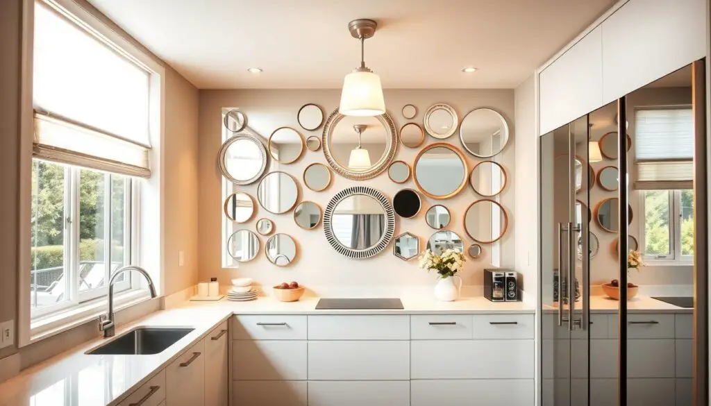 A well-lit kitchen with a focal wall adorned with an array of mirrors in various shapes and sizes, reflecting the room's natural light to create an illusion of depth and spaciousness. Sleek, modern cabinetry and minimalist decor accentuate the mirrors, which are arranged in a harmonious, asymmetrical pattern. Warm, diffused lighting from overhead fixtures casts a cozy, inviting glow, while a strategically placed floor-to-ceiling mirror on an adjacent wall further enhances the sense of openness and luminosity. The overall scene exudes a tranquil, spa-like ambiance, perfectly capturing the essence of using mirrors to brighten and visually expand a small kitchen space. A well-lit kitchen with a focal wall adorned with an array of mirrors in various shapes and sizes, reflecting the room's natural light to create an illusion of depth and spaciousness. Sleek, modern cabinetry and minimalist decor accentuate the mirrors, which are arranged in a harmonious, asymmetrical pattern. Warm, diffused lighting from overhead fixtures casts a cozy, inviting glow, while a strategically placed floor-to-ceiling mirror on an adjacent wall further enhances the sense of openness and luminosity. The overall scene exudes a tranquil, spa-like ambiance, perfectly capturing the essence of using mirrors to brighten and visually expand a small kitchen space.