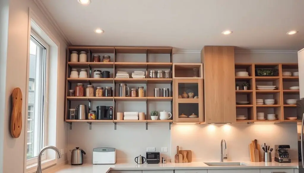 A well-lit kitchen with a focus on vertical storage solutions. The foreground showcases a series of modular shelving units mounted on the walls, offering ample space for jars, canisters, and small appliances. The middle ground features a mix of open and closed storage cabinets, strategically placed to maximize the available wall space. The background depicts a neutral-toned backsplash, complementing the overall minimalist aesthetic. The lighting is a blend of natural illumination from large windows and warm, subtle overhead fixtures, creating a bright and inviting atmosphere. The camera angle is slightly elevated, providing a clear view of the efficient and organized storage systems.