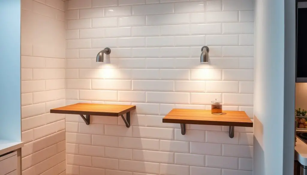 A well-lit modern kitchen interior with two stylish wall-mounted tables protruding from the white tiled walls. The tables have a sleek, minimalist design with a smooth wooden surface and slender metal legs. Soft, directional lighting highlights the functional yet elegant aesthetic, creating a warm and inviting atmosphere. The layout showcases how these versatile wall-mounted tables can maximize limited counter space while blending seamlessly into the overall kitchen design. The camera angle captures the tables from a slightly elevated perspective, emphasizing their practical integration into the space.